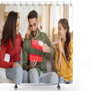 Personality  Excited Father Unboxing A Red Gift With His Family, Capturing A Moment Of Joy And Surprise On The Couch Shower Curtains