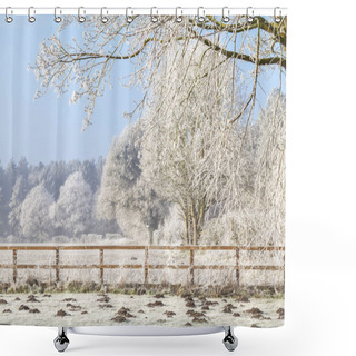 Personality  Beautiful Rural Winter Scene With Heavy Frost On Trees And A Two Rail Wooden Fence. Clear Blue Sky And Frozen Fields With Mole Hills Shower Curtains