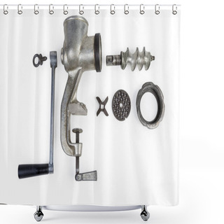 Personality  Disassembled Hand Meat Grinder And Its Components On White Background Shower Curtains