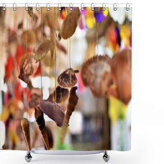 Personality  Traditional Wind Chimes Made Of Sea Shells Hang In An Island Gift Shop Shower Curtains