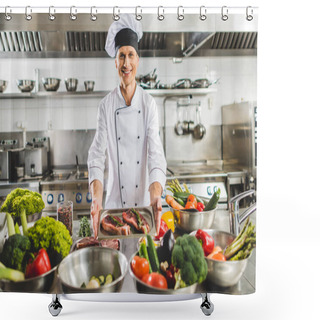 Personality  Smiling Chef Taking Tray With Raw Meat At Restaurant Kitchen Shower Curtains