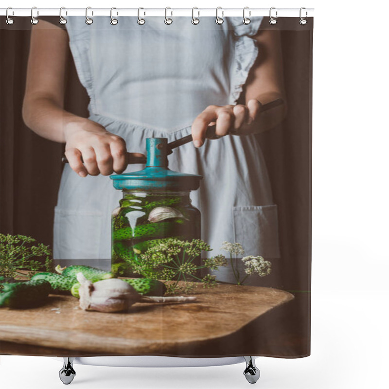 Personality  Cropped Image Of Woman Preparing Preserved Cucumbers At Kitchen Table Shower Curtains