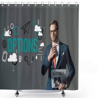 Personality  Handsome Young Man In Eyeglasses Holding Newspaper And Adjusting Necktie, Options Icons Isolated On Grey  Shower Curtains