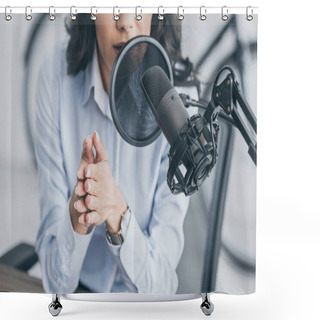 Personality  Cropped Shot Of Radio Host Speaking In Microphone In Broadcasitng Studio Shower Curtains