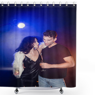 Personality  Curly Brunette Woman With Glass Of Champagne Leaning On Boyfriend In Shirt With Backlit On Black Shower Curtains