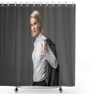 Personality  Side View Of Stylish Young Woman In White Shirt Posing Isolated On Grey Shower Curtains