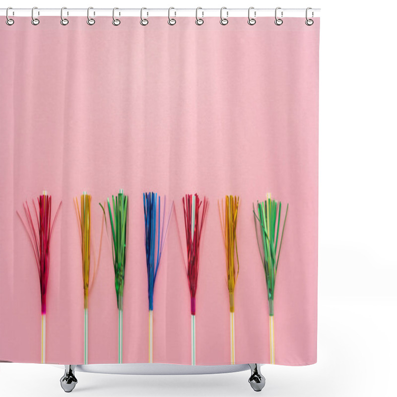 Personality  Top View Of Drinking Straws With Colorful Tinsel On Pink Background With Copy Space Shower Curtains