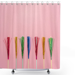 Personality  Top View Of Drinking Straws With Colorful Tinsel On Pink Background With Copy Space Shower Curtains
