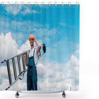 Personality  Cheerful Repairman Holding Ladder And Smiling Against Blue Sky With Clouds  Shower Curtains