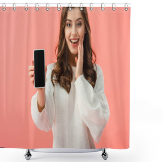 Personality  Selective Focus Of Woman In White Sweater Holding Smartphone With Blank Screen Isolated On Pink  Shower Curtains