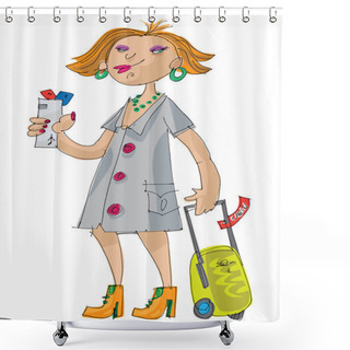 Personality  An Bright Young Girl Passenger Is Checking And Boarding For Flight - Cartoon - Character. Shower Curtains