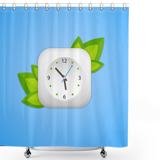 Personality  Clock And Green Leaves Placed On Blue Background Shower Curtains