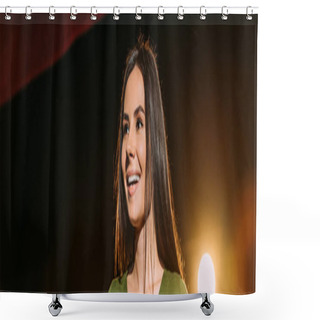 Personality  Panoramic Shot Of Beautiful Smiling Actress Performing Role On Black Shower Curtains