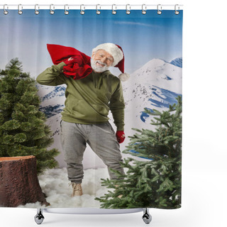 Personality  Athletic Santa In Warm Christmassy Hat And Mittens Holding Red Huge Present Bag, Winter Concept Shower Curtains