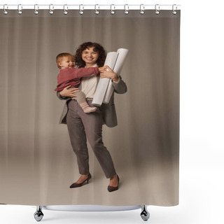 Personality  Multitasking Woman, Professional Achievements, Time Management, Happy Mother Holding In Arms Daughter And Rolled Paper Blueprints On Grey Background, Building Successful Career, Full Length  Shower Curtains