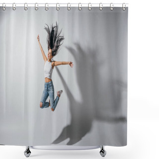 Personality  Full Length View Of Excited Girl Jumping With Hands In Air  Shower Curtains