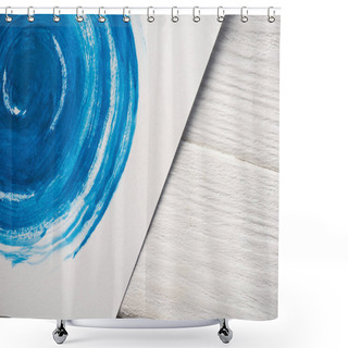 Personality  High Angle View Of Paper With Japanese Painting With Blue Watercolor On Wooden Background Shower Curtains