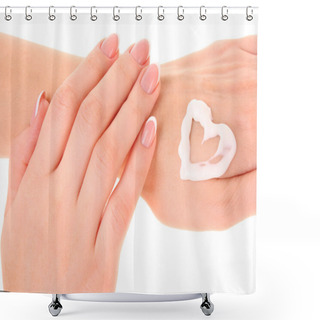 Personality  Two Woman Hands Spreading The Cream In The Form Oh Heart Isolate Shower Curtains