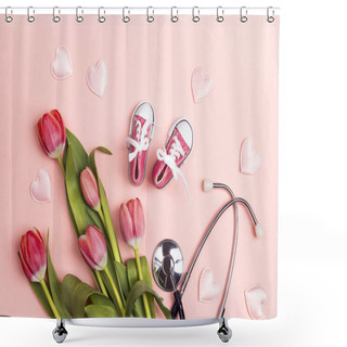 Personality  Bunch Of Tulips With Stethoscope And Baby Girl Shoes On Pink Bac Shower Curtains