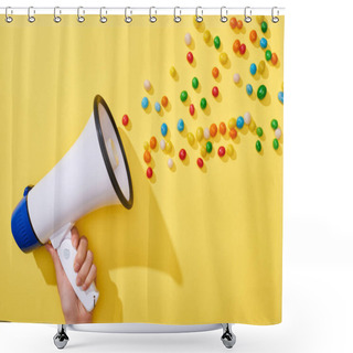 Personality  Cropped View Of Woman Holding Loudspeaker With Colorful Candies On Yellow Background  Shower Curtains