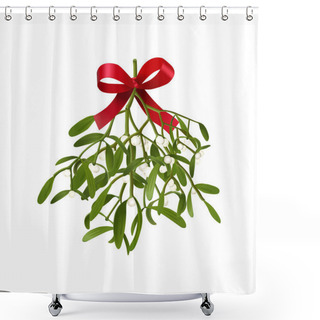 Personality  Mistletoe. Vector Illustration Of Hanging Fluffy Mistletoe Sprigs With Berries And Red Bow Isolated On White Background For Christmas Cards And Decorative Design. Shower Curtains