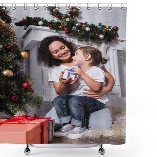 Personality  Mother Embracing Daughter With Gift Box Near Decorated Pine And Fireplace At Home Shower Curtains