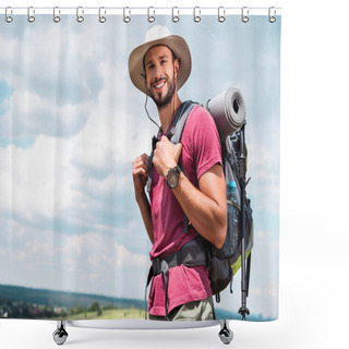 Personality  Smiling Traveler In Hat With Backpack And Tourist Mat Looking At Camera Shower Curtains