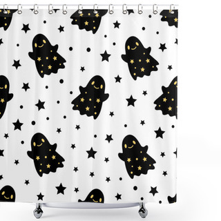 Personality  Seamless Pattern Of Cute Little Cartoon Ghosts For Happy Halloween On White Background With Gold Stars. Shower Curtains