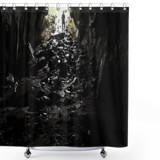 Personality  Traveler Descends Into Cave. Stock Footage. Traveler Explores Cave Tunnel Going Down Rope. Dangerous Cave Tunnels, Slippery From Damp And Inspire Fear Of Unknown Darkness Shower Curtains