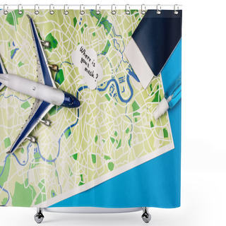 Personality  Top View Of Toy Plane Near Speech Bubble With Where Is Your Mask Lettering Near Passport And Bottle Of Hand Sanitizer On Map On Blue Surface Shower Curtains