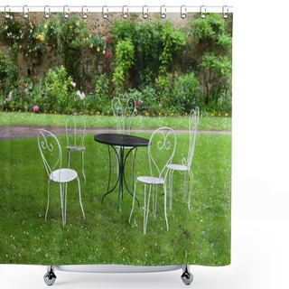 Personality  The Empty Table And Four White Chairs In The Garden Shower Curtains