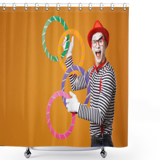 Personality  Happy Mime Man With Multi-colored Rings On Orange Background Shower Curtains