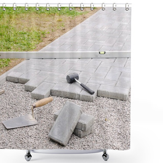 Personality  Stone Blocks With Tool For Paving Laying Down Background. Hausework Architect Concept Shower Curtains