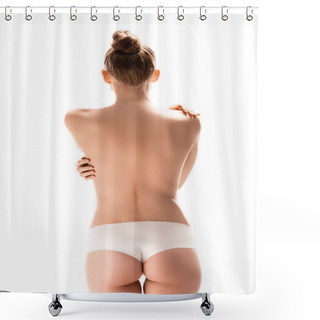 Personality  Back View Of Woman Standing And Touching Perfect Body Isolated On White  Shower Curtains