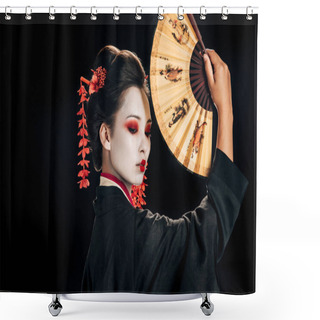 Personality  Side View Of Geisha In Black Kimono With Red Flowers In Hair Holding Traditional Asian Hand Fan Isolated On Black Shower Curtains