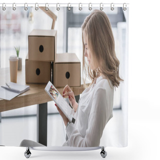 Personality  Side View Of Young Businesswoman Using Digital Tablet Shower Curtains