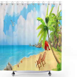 Personality  Sea Panorama. Bay, Tropical Beach. Vector Background Shower Curtains