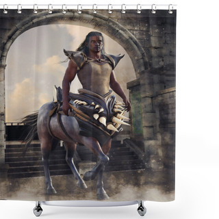 Personality  Fantasy Centaur Warrior Holding Two Swords And Standing In Front Of A Stone Gate. 3D Render. Shower Curtains