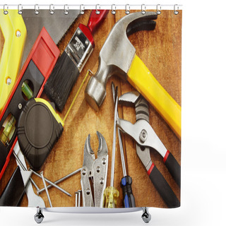 Personality  Assorted Work Tools On Wood Shower Curtains