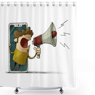 Personality  Illustration Of A Man Looks Out Through A Mobile Screen With A Megaphone In His Hand Announcing Something. News Or Notification Concept. Isolated Shower Curtains