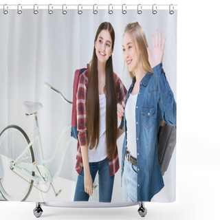 Personality  Smiling Teenagers Waving To Friend Shower Curtains