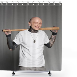 Personality  Cheerful Tattooed Man Standing With Baseball Bat On Shoulders And Laughing On Grey  Shower Curtains