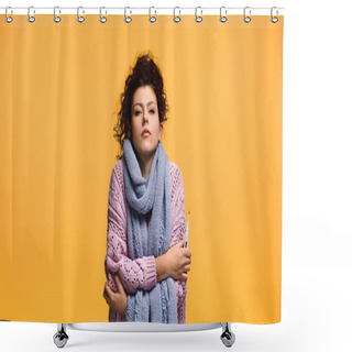 Personality  Ill Woman Hugging Herself While Holding Thermometer Isolated On Orange Shower Curtains