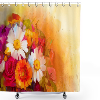 Personality  Closeup Still Life Of White, Yellow And Red Color Flowers .Oil Painting A Bouquet Of Rose,daisy And Gerbera Flowers With Soft Red And Yellow Color Background. Hand Painted Floral Impressionist Style Shower Curtains