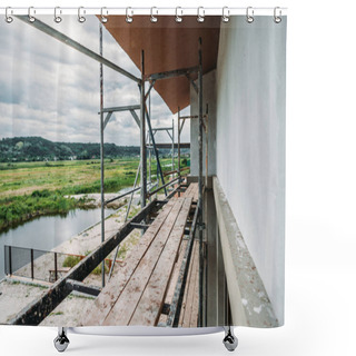 Personality  Scaffolding Of Construction Site Of Modern Building Near River Shower Curtains