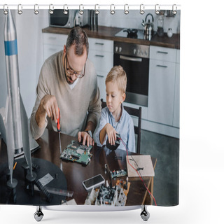 Personality  Father And Son Repairing Circuit Board Together At Home Shower Curtains