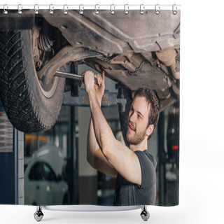 Personality  Mechanic Under Car In Garage Examing Tire And Technical Condition Shower Curtains