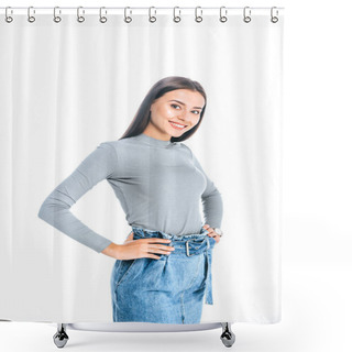 Personality  Portrait Of Beautiful Smiling Woman Akimbo Looking At Camera Isolated On White Shower Curtains
