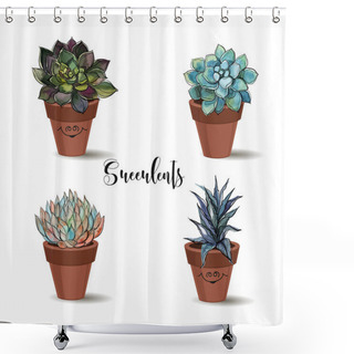 Personality  Succulents In Clay Pots. Set. Graphics With Watercolor. Vector Shower Curtains