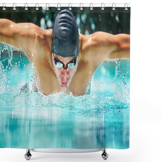 Personality  Perfect Butterfly Stroke. A Male Swimmer Doing The Butterfly Stroke Toward The Camera Shower Curtains